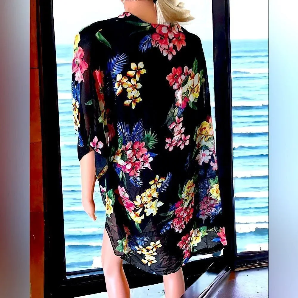 Emory Park l Black floral l Open Kimono l Sheer l Slitted l L l EUC